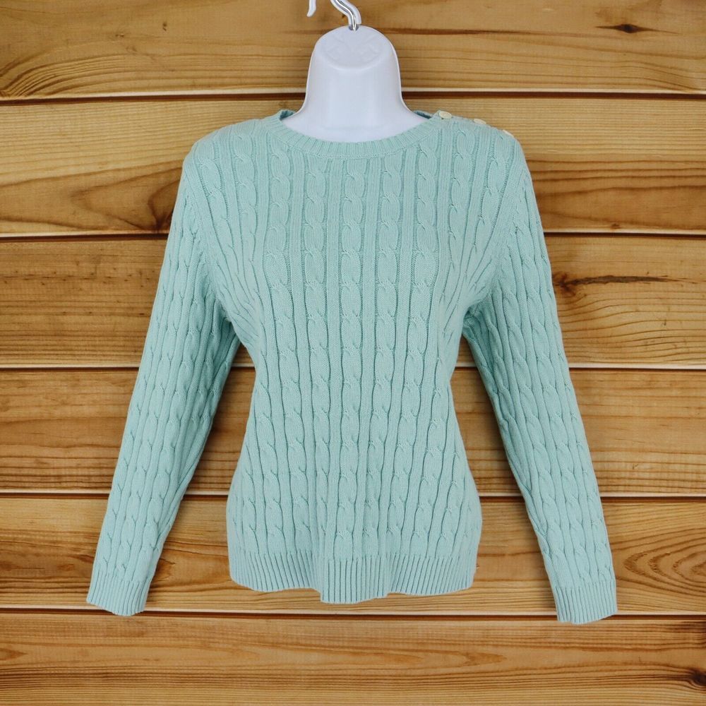 Croft & Barrow Cable-Knit Sweater Womens Petite L Turquoise 100% Cotton Buttons